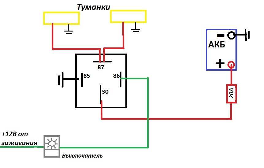 Схема подключения туманок через реле и кнопку на ваз